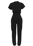 New Casual Round Neck Solid Color Top Elastic Waist Pants Two-piece Set