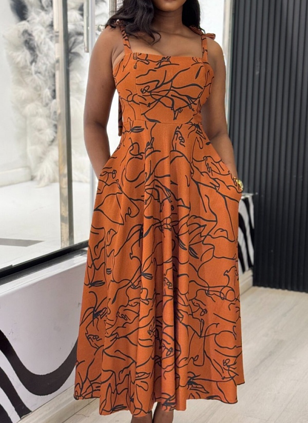 Printed Slim Fit Sexy Suspender Long Swing Dress For Women