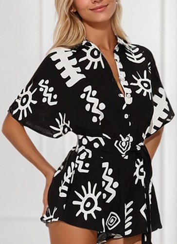 Black Lapel Waisted Women'S Short-Sleeved Casual Loose Jumpsuit