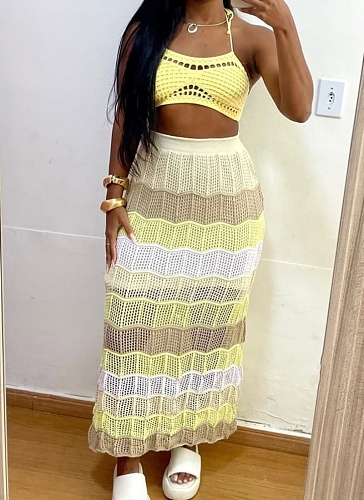 Women's Casual Sexy Bikini Colorblock Beach Skirt Two-Piece Set