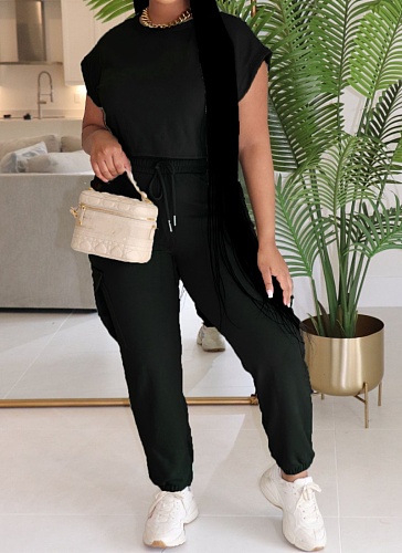 New Casual Round Neck Solid Color Top Elastic Waist Pants Two-piece Set