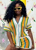 Sexy Color Matching Hollow Lapel Knitted Shirt Shorts Two-Piece Suit For Women