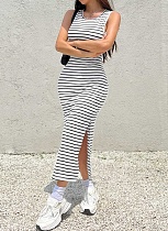 Striped Print Slit Holiday Style Sexy Backless Dress For Women