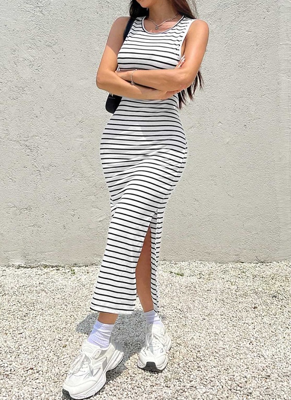 Striped Print Slit Holiday Style Sexy Backless Dress For Women