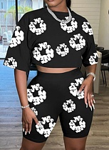 2025 Casual Women Print Round Collar Short Sleeves Shorts 2 Pieces Sets DD-88224