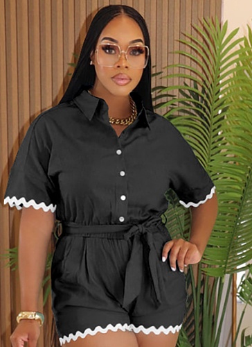 Summer Fashion Casual Lapel Lace-Up Jumpsuit Shorts For Women
