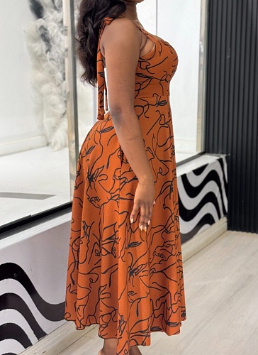Printed Slim Fit Sexy Suspender Long Swing Dress For Women