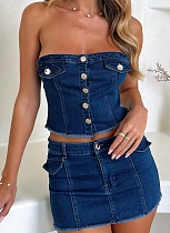 Summer Sexy Hot Girl Tube Top Navel-Baring Vest High Waist Hip Skirt Denim Two-Piece Suit