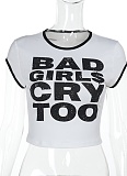2025 Summer Letter Printed Contrast Color Edge Short Sleeve Tops For Women