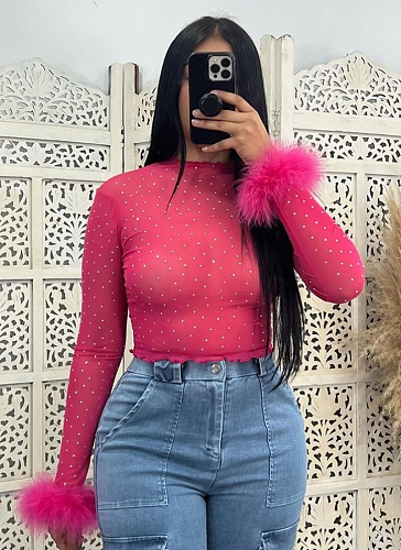 Round Neck Solid Color Hot Diamond Fashion Short See-Through Long Sleeve Tops For Women