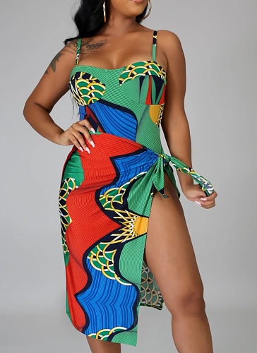 Beach Print One-Piece Swimsuit Fashion Cover Up Skirt Two-Piece Set Women