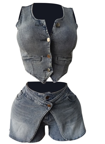 New Denim Vest Elastic Apron Shorts Two-Piece Set