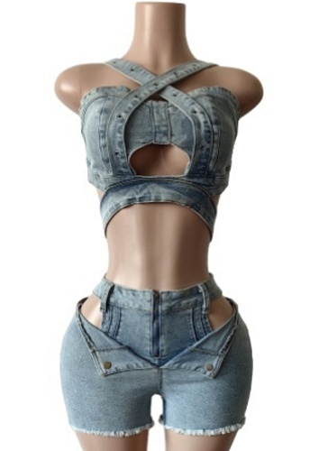 New Denim Tube Top Vest Stretch Shorts Two Piece Suit For Women