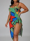 Beach Print One-Piece Swimsuit Fashion Cover Up Skirt Two-Piece Set Women