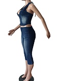 Blue Halter Neck Tie Denim Cropped Pants Elastic Fashion Two Piece Suit For Women