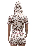 Fashion Casual Letter Print Hooded Zip-Up Top Tight Shorts Two-Piece Suit For Women