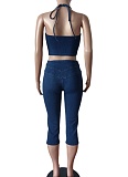 Blue Halter Neck Tie Denim Cropped Pants Elastic Fashion Two Piece Suit For Women