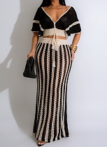 Summer New Sexy V-Neck Hollow Top Knitted Striped Long Skirt Two-Piece Suit For Women
