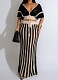 Summer New Sexy V-Neck Hollow Top Knitted Striped Long Skirt Two-Piece Suit For Women
