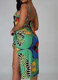 Beach Print One-Piece Swimsuit Fashion Cover Up Skirt Two-Piece Set Women
