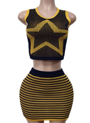 Knitted Fashion Vest Short Skirt High Elastic Color Matching Two-Piece Suit For Women