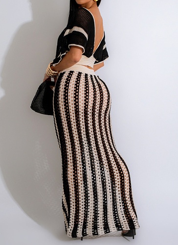 Summer New Sexy V-Neck Hollow Top Knitted Striped Long Skirt Two-Piece Suit For Women