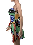 Beach Print One-Piece Swimsuit Fashion Cover Up Skirt Two-Piece Set Women