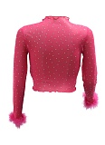 Round Neck Solid Color Hot Diamond Fashion Short See-Through Long Sleeve Tops For Women