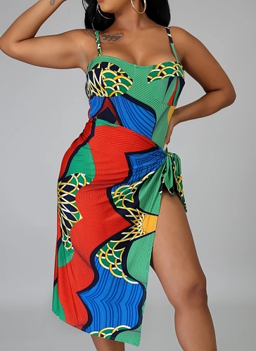 Beach Print One-Piece Swimsuit Fashion Cover Up Skirt Two-Piece Set Women