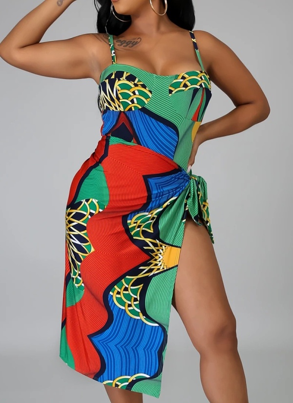 Beach Print One-Piece Swimsuit Fashion Cover Up Skirt Two-Piece Set Women