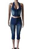 Blue Halter Neck Tie Denim Cropped Pants Elastic Fashion Two Piece Suit For Women
