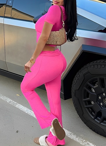 Spring New Style Zipper Short-Sleeved Hooded Top Flared Trousers Fashionable Two-Piece Suit