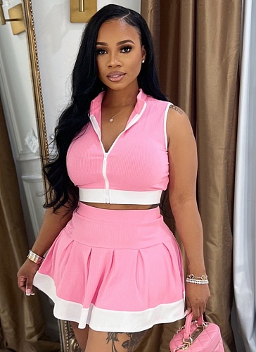 Solid Color Zipper Sleeveless Top High Waist Casual Short Skirt Two-Piece Set