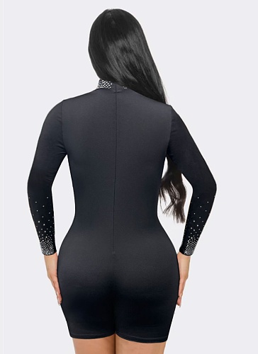 Sexy Permed Diamond See-Through Elastic Slim Fit Long Sleeve Jumpsuit For Women