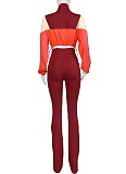 Colorblocked Navel-Baring Zip-Up Top And High-Waisted Flared Trousers Two-Piece Set