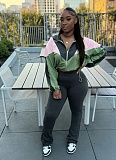 Colorblocked Navel-Baring Zip-Up Top And High-Waisted Flared Trousers Two-Piece Set