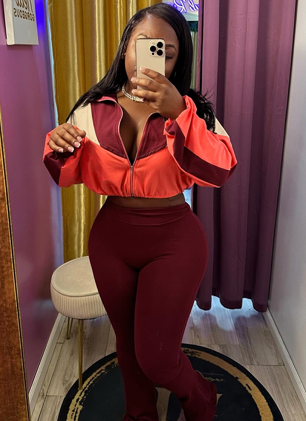 Colorblocked Navel-Baring Zip-Up Top And High-Waisted Flared Trousers Two-Piece Set