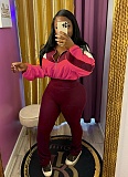 Colorblocked Navel-Baring Zip-Up Top And High-Waisted Flared Trousers Two-Piece Set