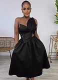 Summer Women'S Solid Color One Shoulder Petal Hollow Dress