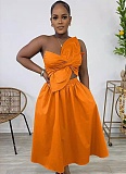 Summer Women'S Solid Color One Shoulder Petal Hollow Dress