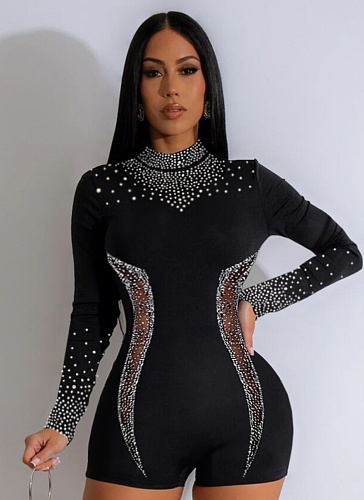Sexy Permed Diamond See-Through Elastic Slim Fit Long Sleeve Jumpsuit For Women