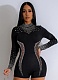 Sexy Permed Diamond See-Through Elastic Slim Fit Long Sleeve Jumpsuit For Women