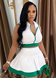 Solid Color Zipper Sleeveless Top High Waist Casual Short Skirt Two-Piece Set