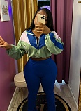 Colorblocked Navel-Baring Zip-Up Top And High-Waisted Flared Trousers Two-Piece Set
