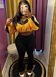 Colorblocked Navel-Baring Zip-Up Top And High-Waisted Flared Trousers Two-Piece Set