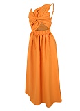Summer Women'S Solid Color One Shoulder Petal Hollow Dress