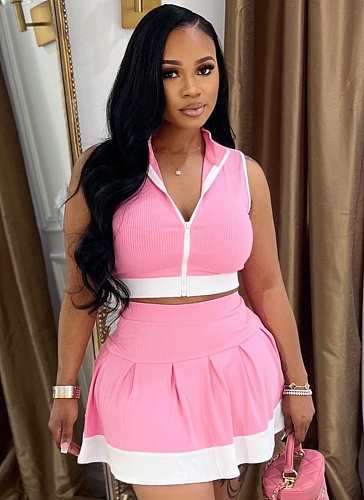 Solid Color Zipper Sleeveless Top High Waist Casual Short Skirt Two-Piece Set