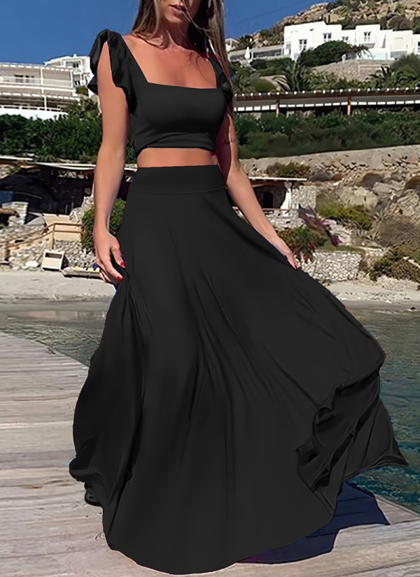Sexy And Elegant Elastic Flower Edge Vest Solid Color Long Skirt Two Piece Suit For Women
