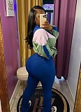 Colorblocked Navel-Baring Zip-Up Top And High-Waisted Flared Trousers Two-Piece Set