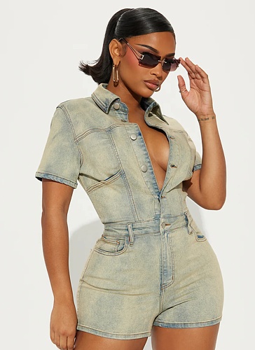 High Elastic Lapel Slim Washed Denim Jumpsuit Summer